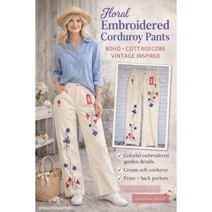 Floral Embroidered Corduroy Pants Cream Boho Cottagecore Size M NWT